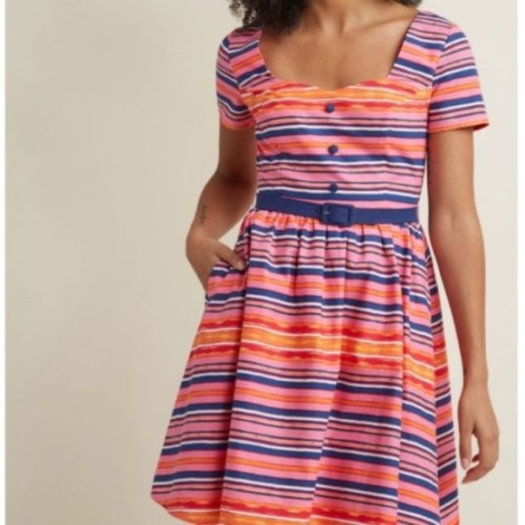 Modcloth Dress M Fit Flare Dress Striped Pinup - Picture 3 of 8